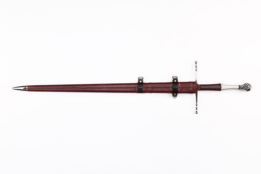 Medieval European two handed sword full length view - vintage crossguard twisted pommel