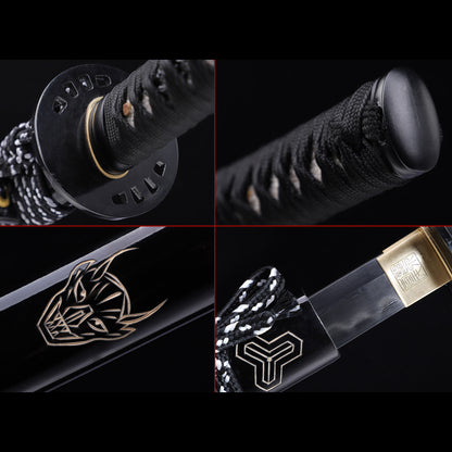 Damascus Steel Clay Tempered Katana, Gloss Black Lacquer Saya