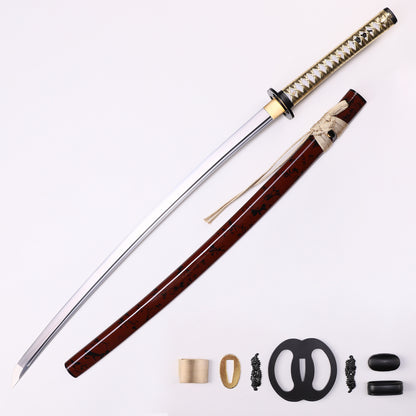 Japanese Samurai Katana, Red-Black Lacquered Wooden Saya