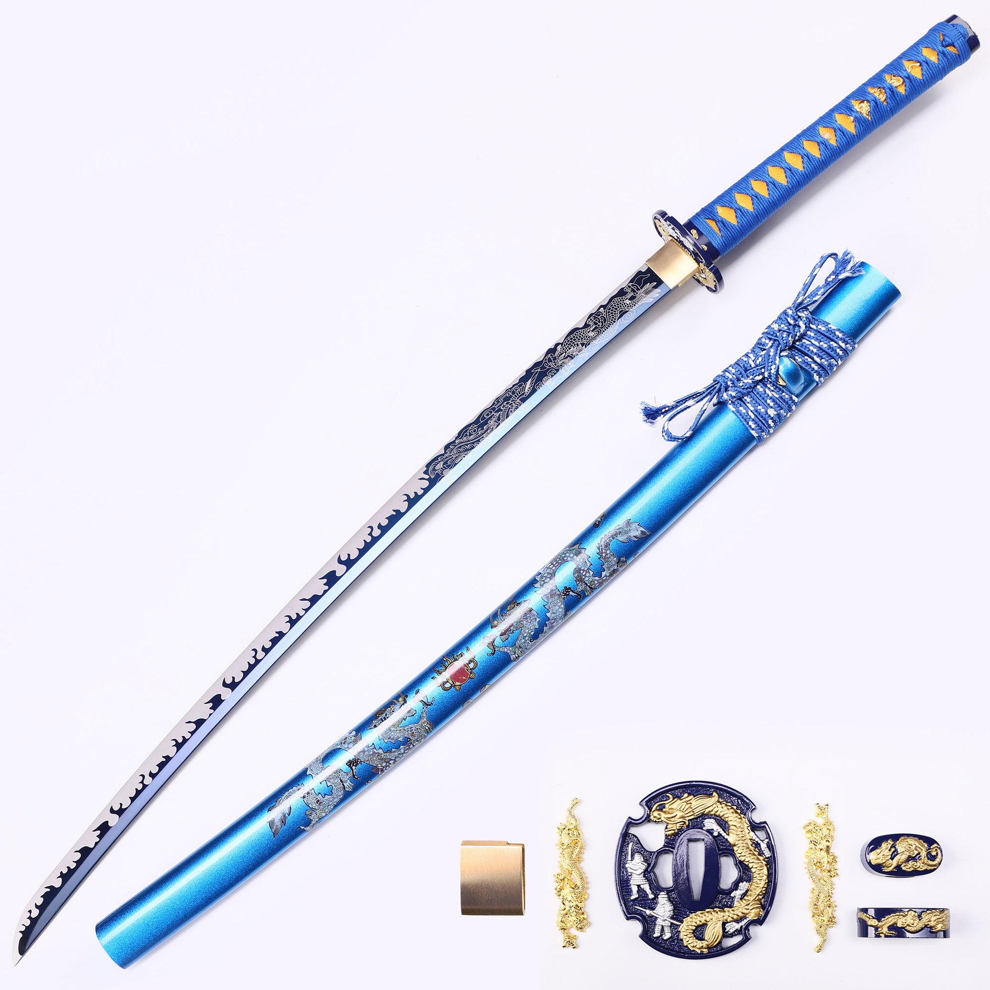 Blue Dragon Japanese samurai sword katana full length view - blue blade design