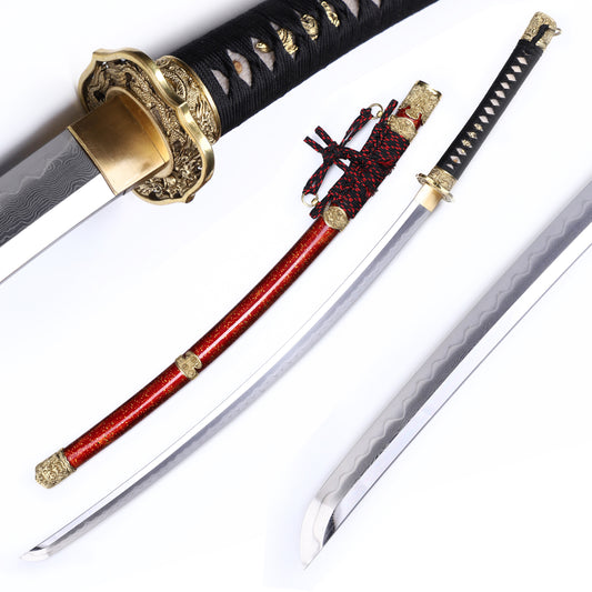 Red gold dragon katana with saya scabbard - full set view