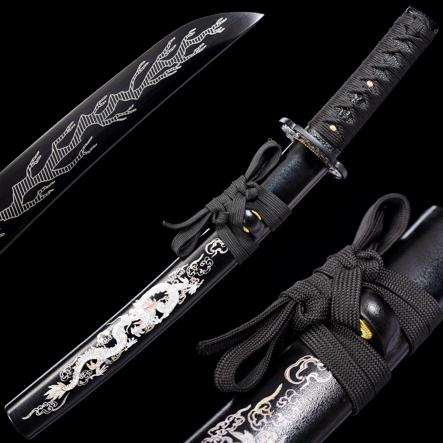 Black tanto silver dragon etching with saya - complete Japanese short blade set
