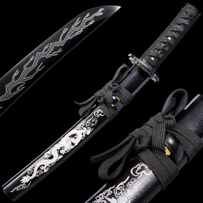 Black Tanto with Silver Dragon Etching