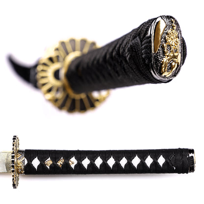 Chrysanthemum openwork katana handle close-up - tsuka wrap and floral fuchi detail