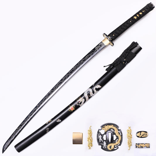 Black Dragon Japanese samurai sword katana full length view - all black blade