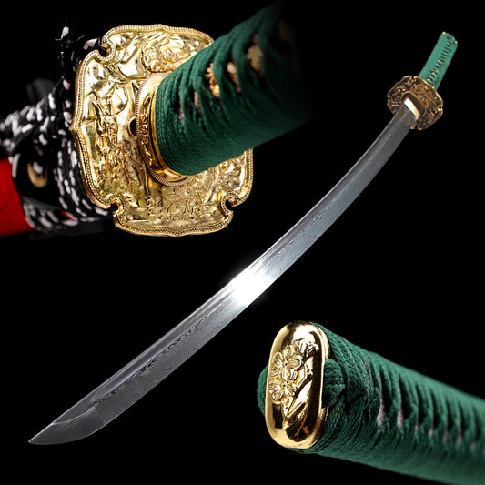 Pattern Steel Katana with Green Handle & Red Saya