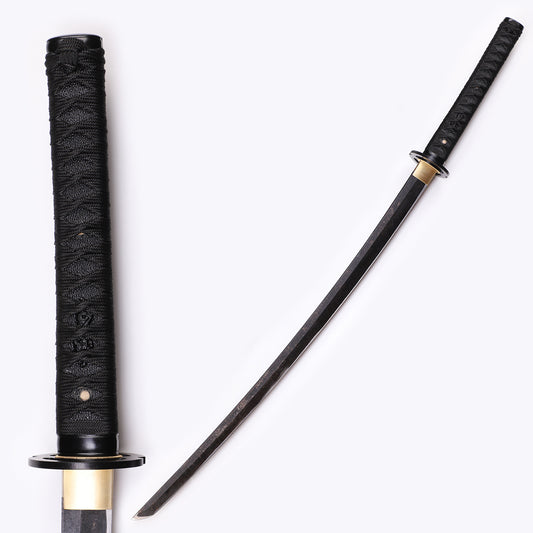 Black Musashi Katana Tactical Sword full length view - all black blade and handle