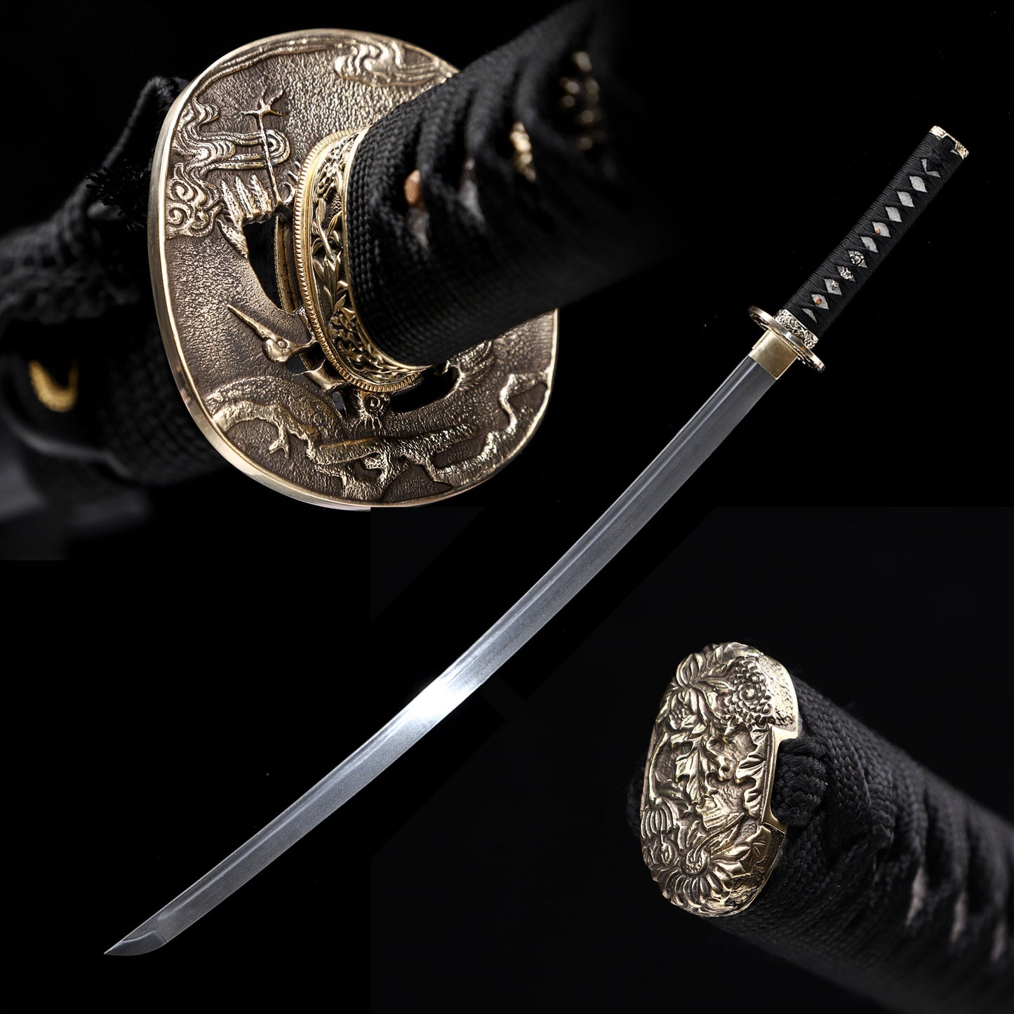 Damascus Steel Hand-Forged Katana with Black Grain Saya & Copper Fittings