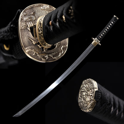 Damascus Steel Hand-Forged Katana with Black Grain Saya & Copper Fittings