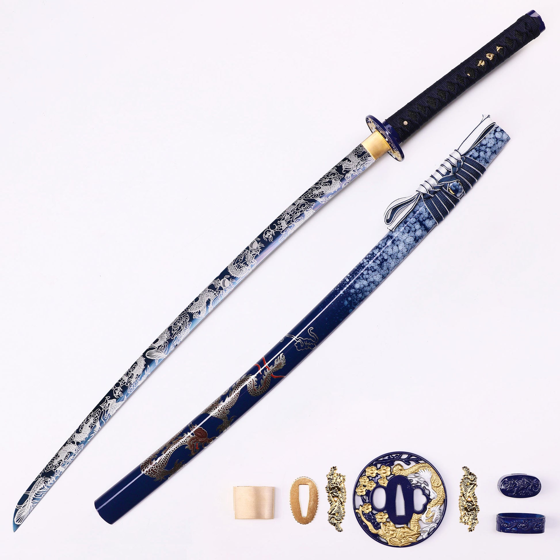 Blue Dragon Japanese samurai sword katana full length view - blue blade design