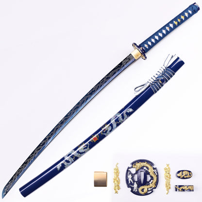 Blue Dragon Japanese samurai sword katana full length view - blue blade design