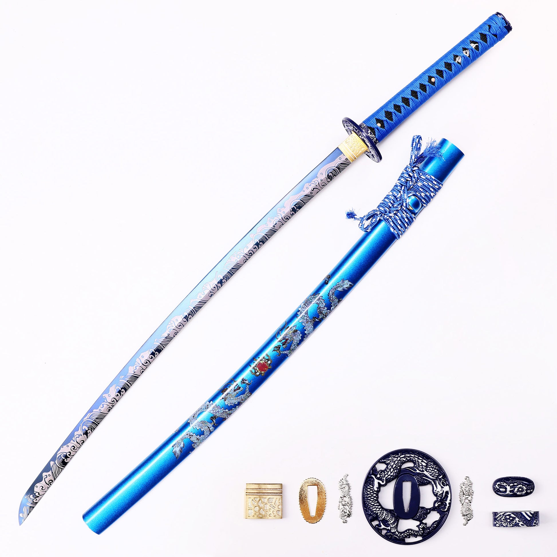 Blue Dragon Japanese samurai sword katana full length view - blue blade design