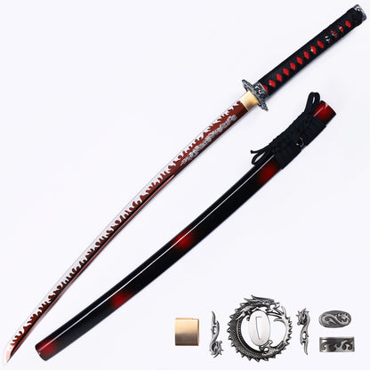 Dark Red Dragon katana full length view - Japanese samurai sword dark red blade