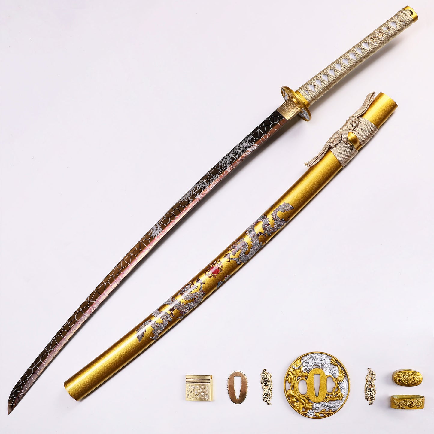 Golden Dragon Japanese samurai sword katana full length view - gold blade design
