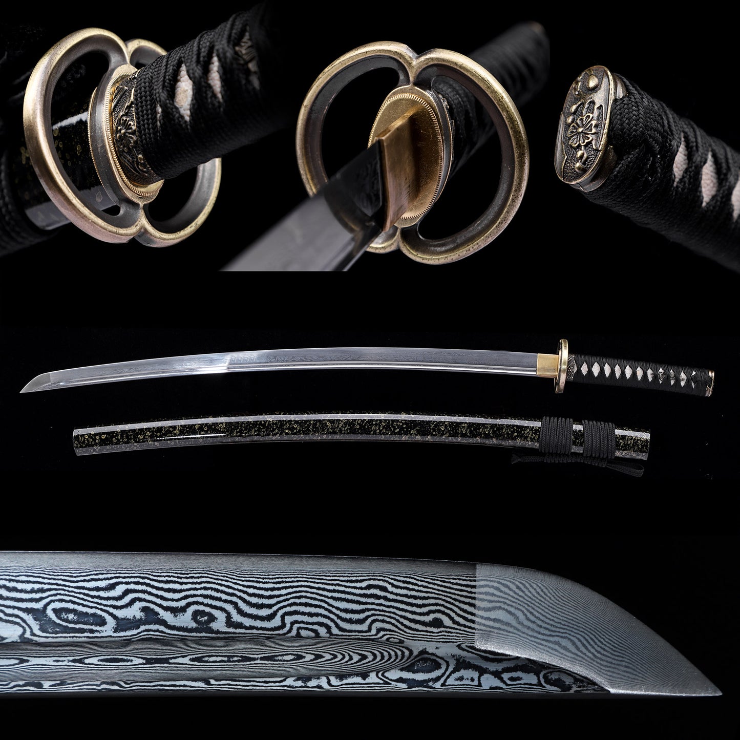 Layered Damascus Steel Hand Forged Katana, Black Gold Glitter Lacquer Saya