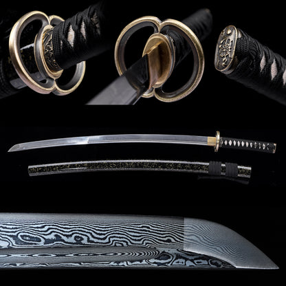 Layered Damascus Steel Hand Forged Katana, Black Gold Glitter Lacquer Saya