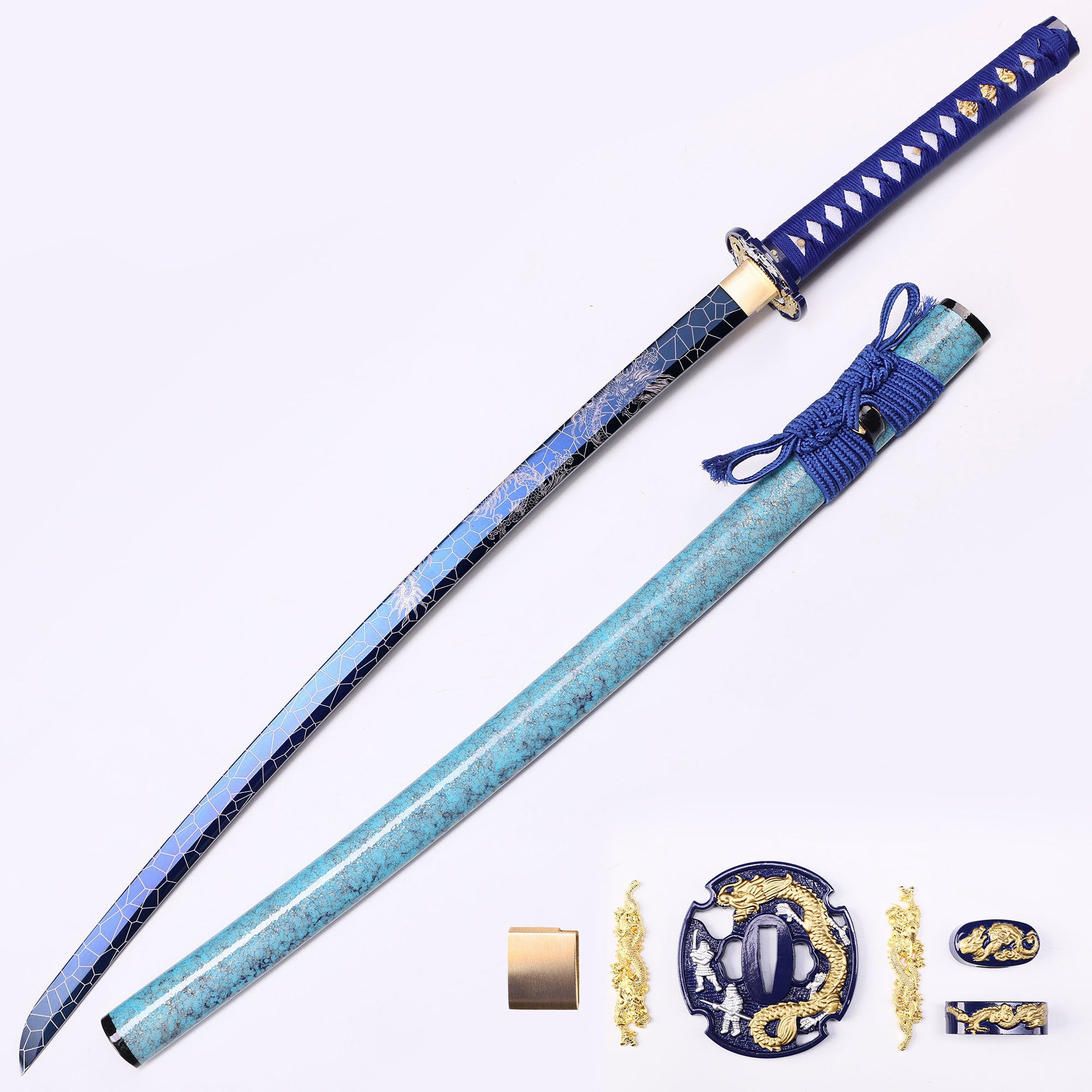 Light Blue Dragon katana full length view - Japanese samurai sword light blue blade