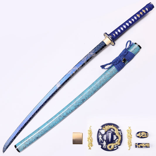 Light Blue Dragon katana full length view - Japanese samurai sword light blue blade