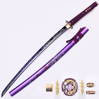 Purple Dragon Japanese samurai sword katana full length view - purple blade design