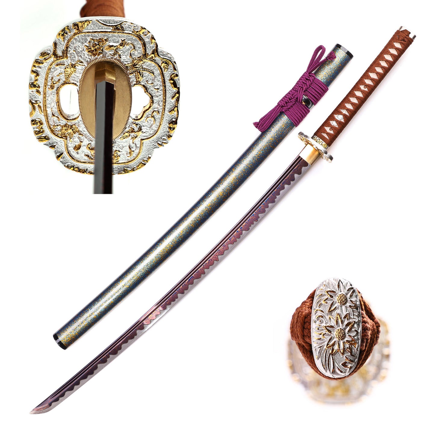 Color treated blade katana with saya scabbard - full set view