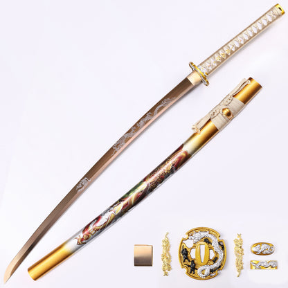 Golden Dragon Japanese samurai sword katana full length view - gold blade design