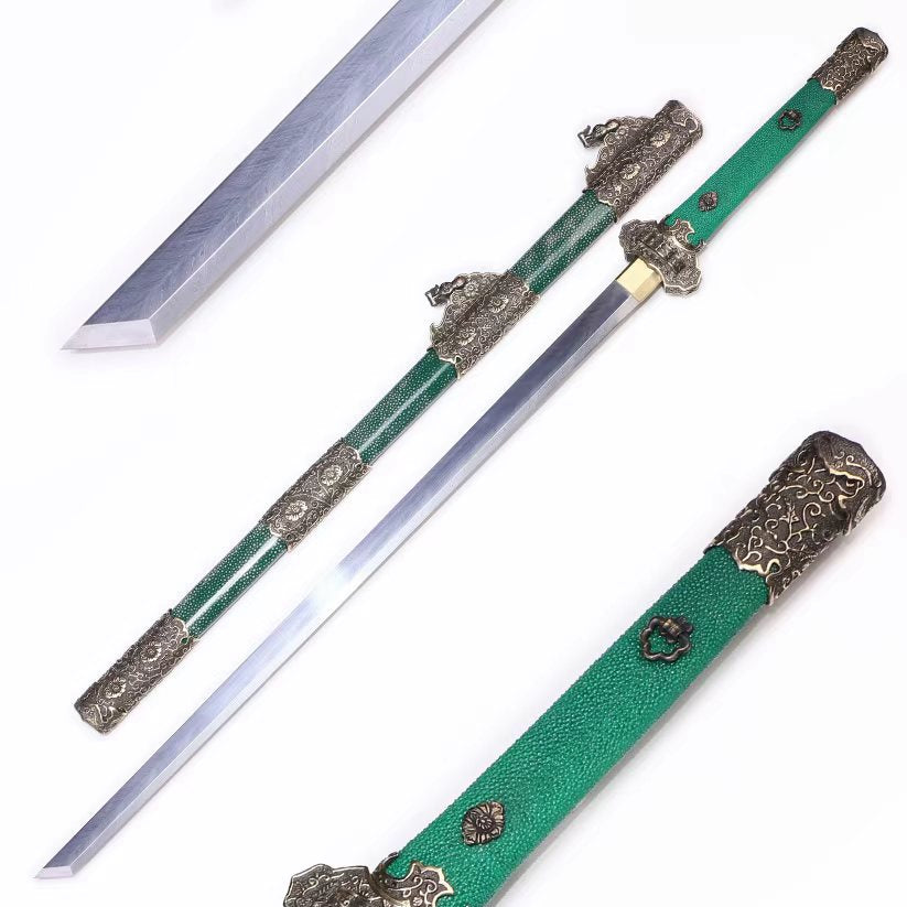 Emerald Green Genuine Ray Skin Scroll Floral Vintage Copper Fittings Sword