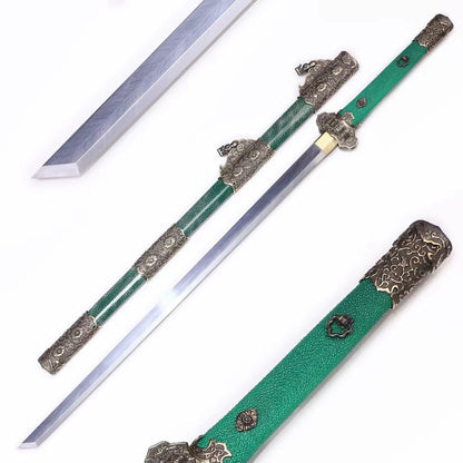 Emerald Green Genuine Ray Skin Scroll Floral Vintage Copper Fittings Sword