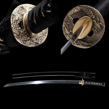 T10 High Carbon Steel Clay Tempered Katana, Gloss Black Lacquer Saya