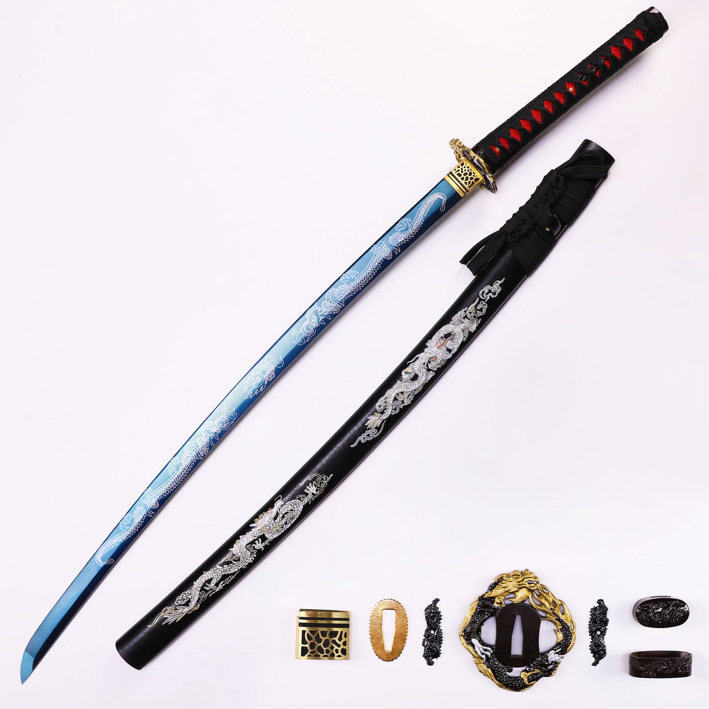 Blue Black Dragon Japanese samurai sword katana full length view - two tone blade