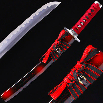 Red handle blood splatter saya tanto with scabbard - complete Japanese short blade set