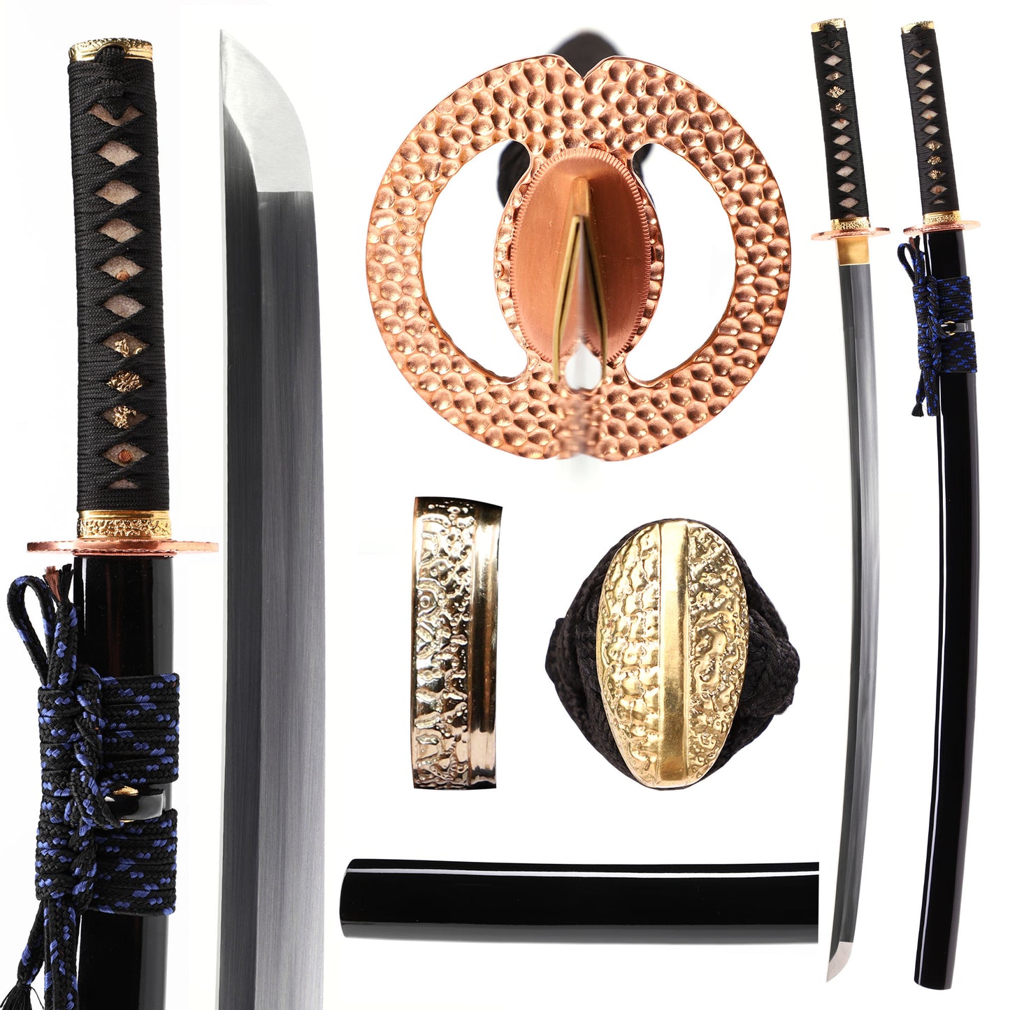 Hammered copper tsuba katana black saya full length view - Japanese samurai sword