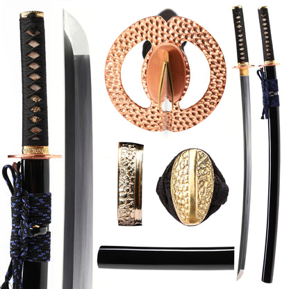 Hammered copper tsuba katana black saya full length view - Japanese samurai sword
