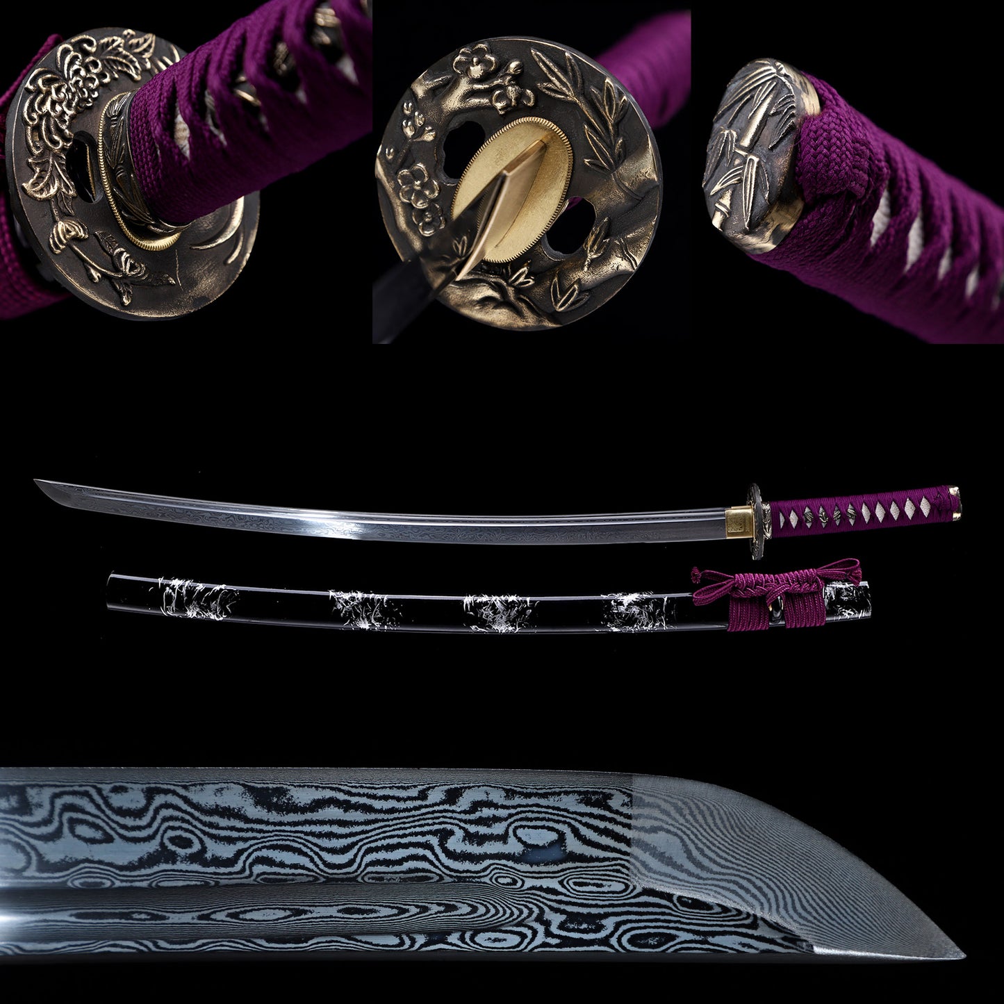Damascus Steel Engraved Blade Katana, Black White Art Lacquer Saya