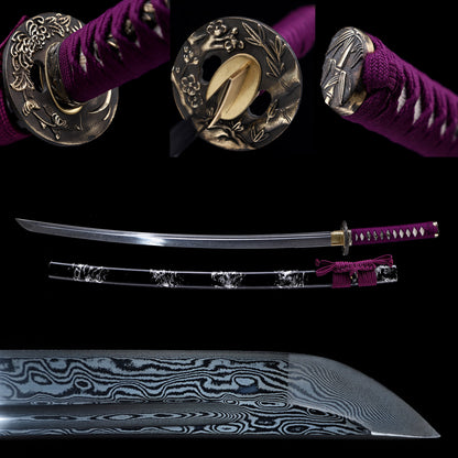 Damascus Steel Engraved Blade Katana, Black White Art Lacquer Saya
