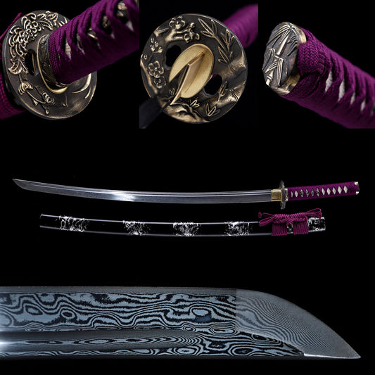 Damascus Steel Engraved Blade Katana, Black White Art Lacquer Saya