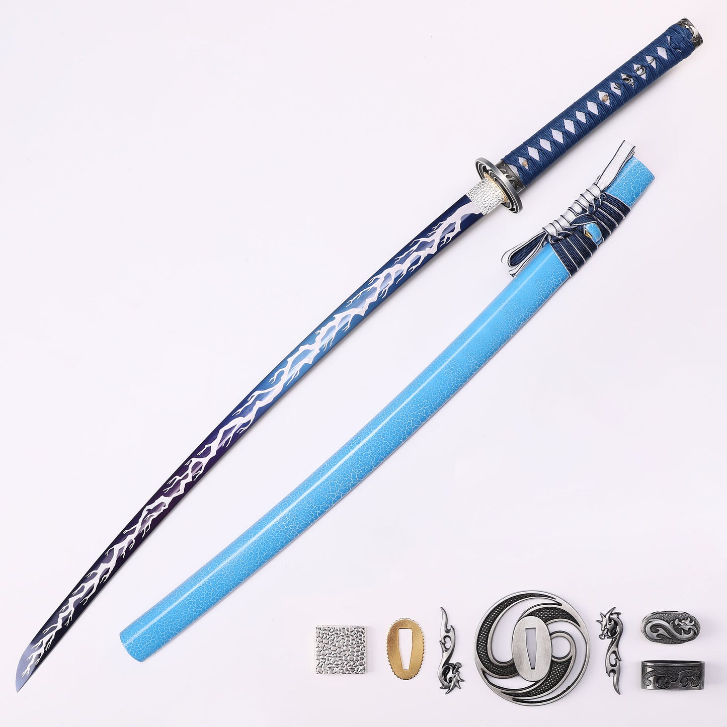 Light Blue Dragon Japanese samurai sword katana full length view - light blue blade