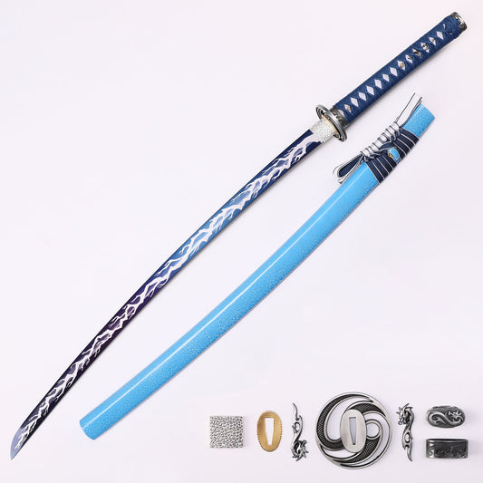 Light Blue Dragon Japanese samurai sword katana full length view - light blue blade