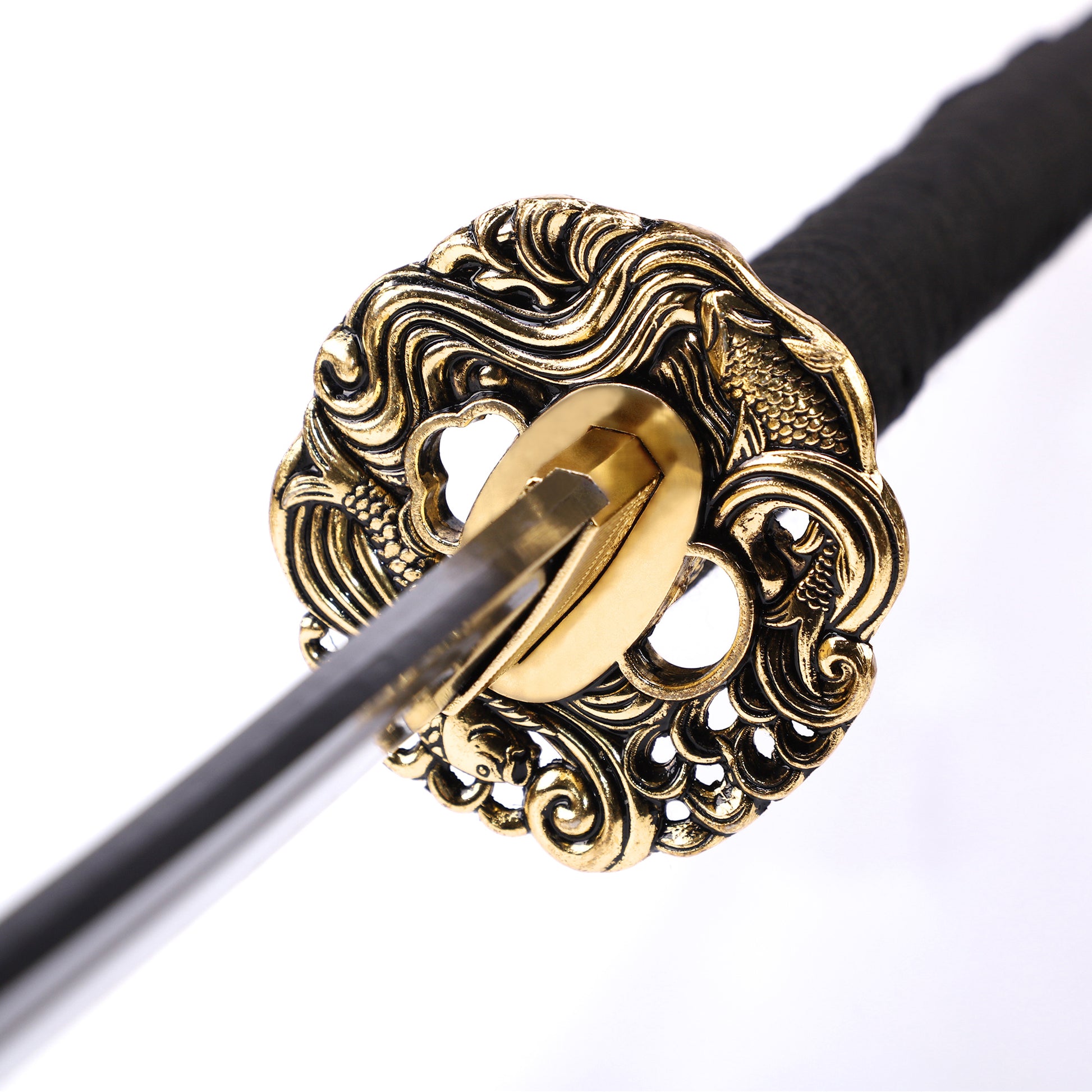 Koi fish engraved katana tsuba close-up - hand engraved koi carp motif guard detail