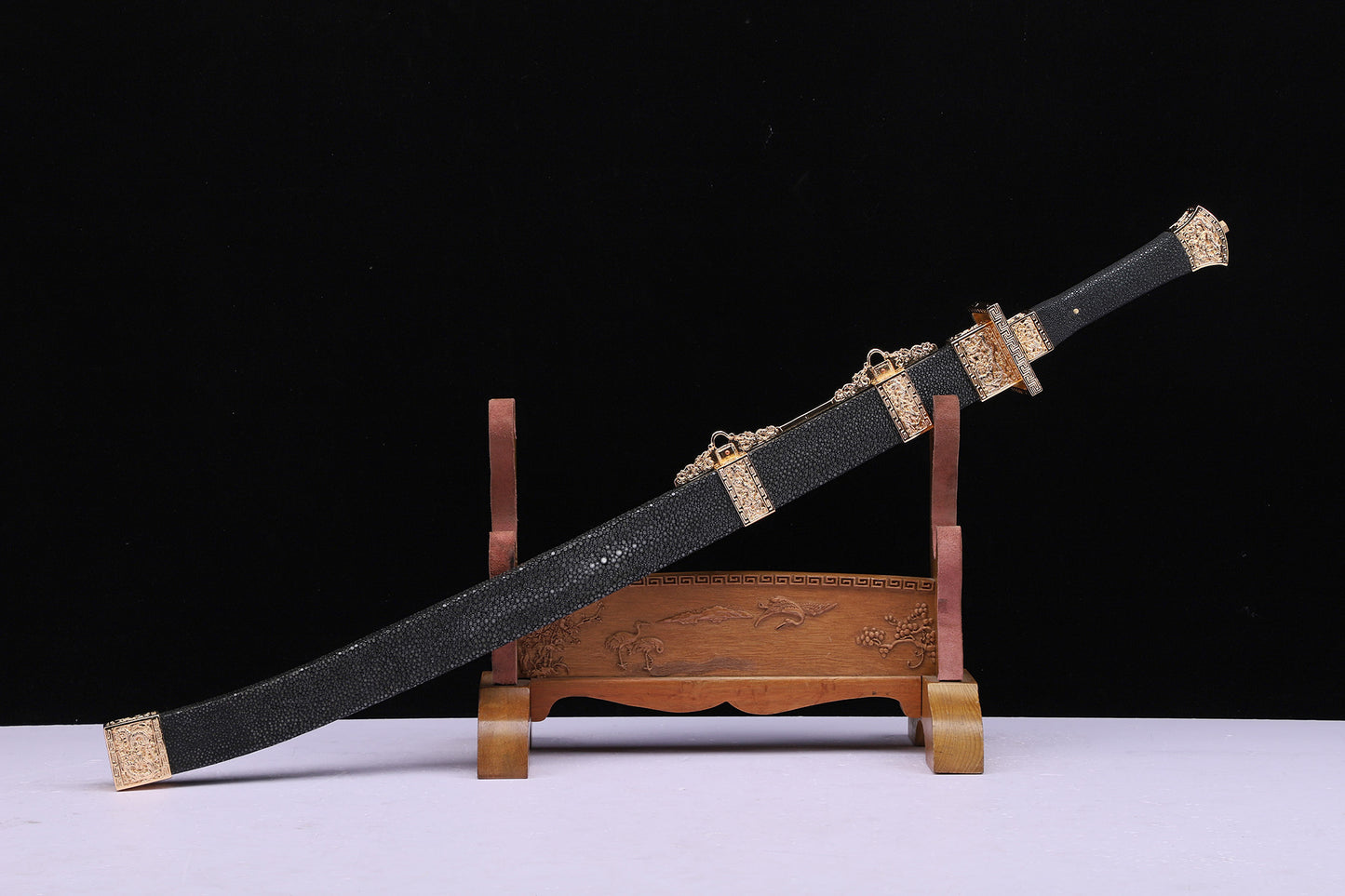 Qing Dynasty Fish Head Dao,  Genuine Ray Skin Saya Gold Plated Copper Fittings  Sword