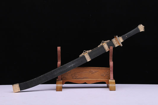 Qing Dynasty Fish Head Dao,  Genuine Ray Skin Saya Gold Plated Copper Fittings  Sword