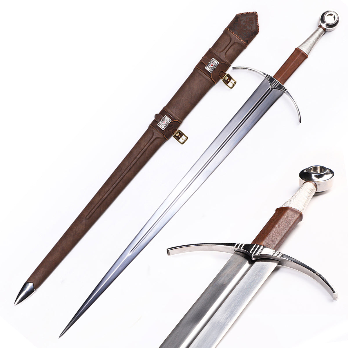Medieval longsword with leather scabbard - full historical replica set view