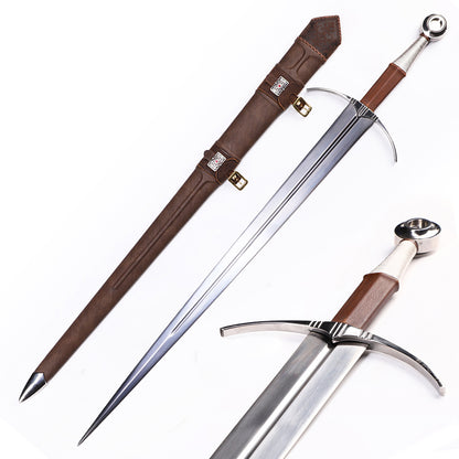 Medieval longsword with leather scabbard - full historical replica set view