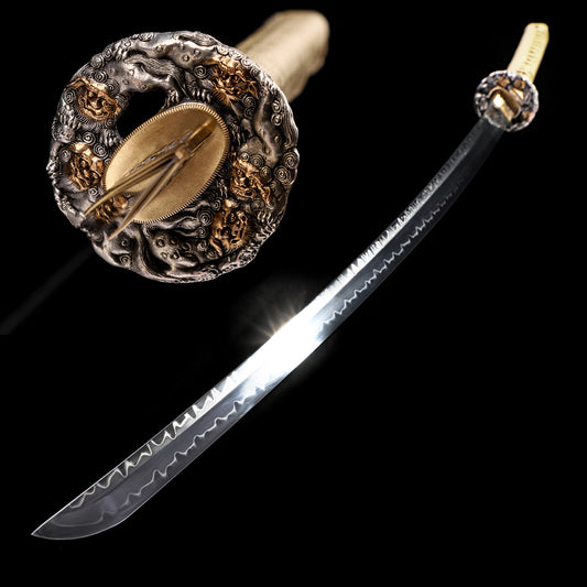 T10 Steel Double Hamon Katana with Beige Handle & Blue-White Art Lacquer Saya