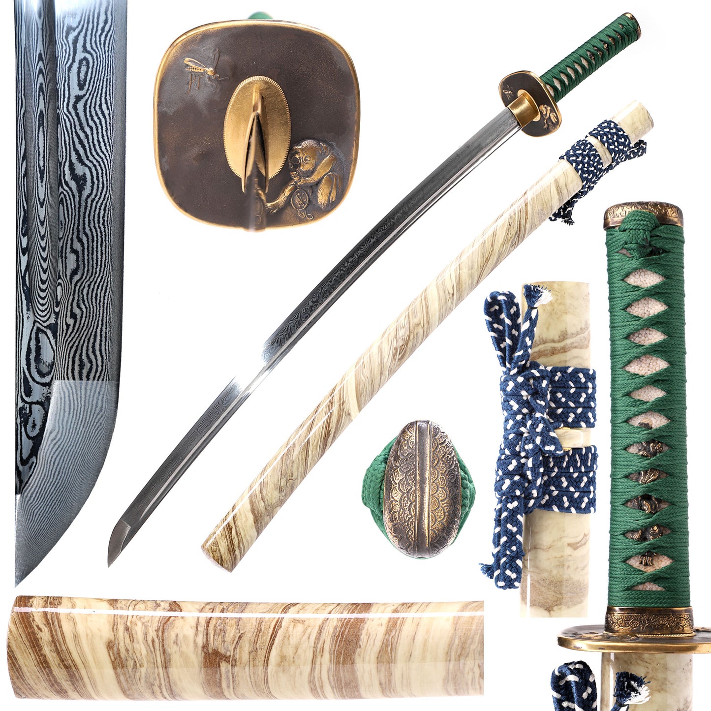 Twisted Damascus Steel Katana, Marble Wood Grain Lacquer Saya