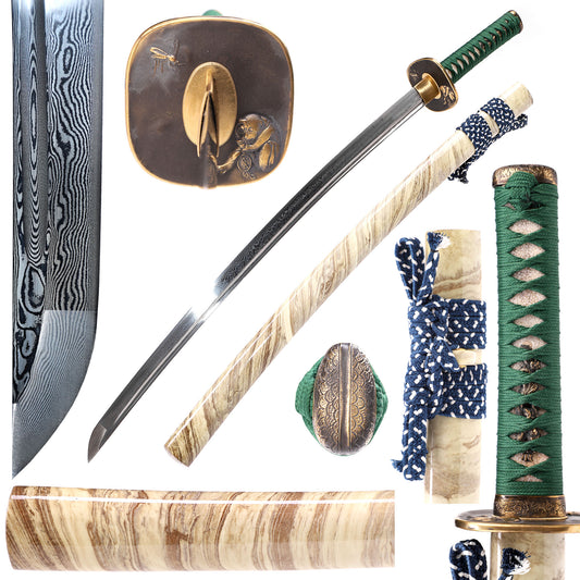 Twisted Damascus Steel Katana, Marble Wood Grain Lacquer Saya