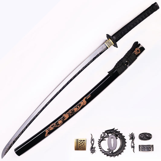 Black Dragon Japanese samurai sword katana full length view - all black blade
