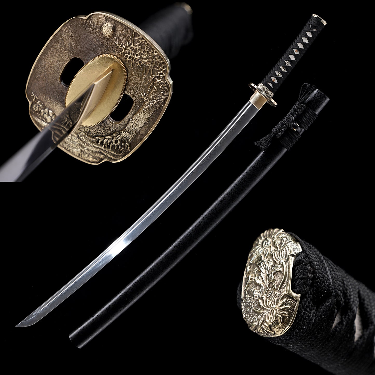 Damascus Steel Oil-Quenched Katana, Black Speckled Lacquer Saya