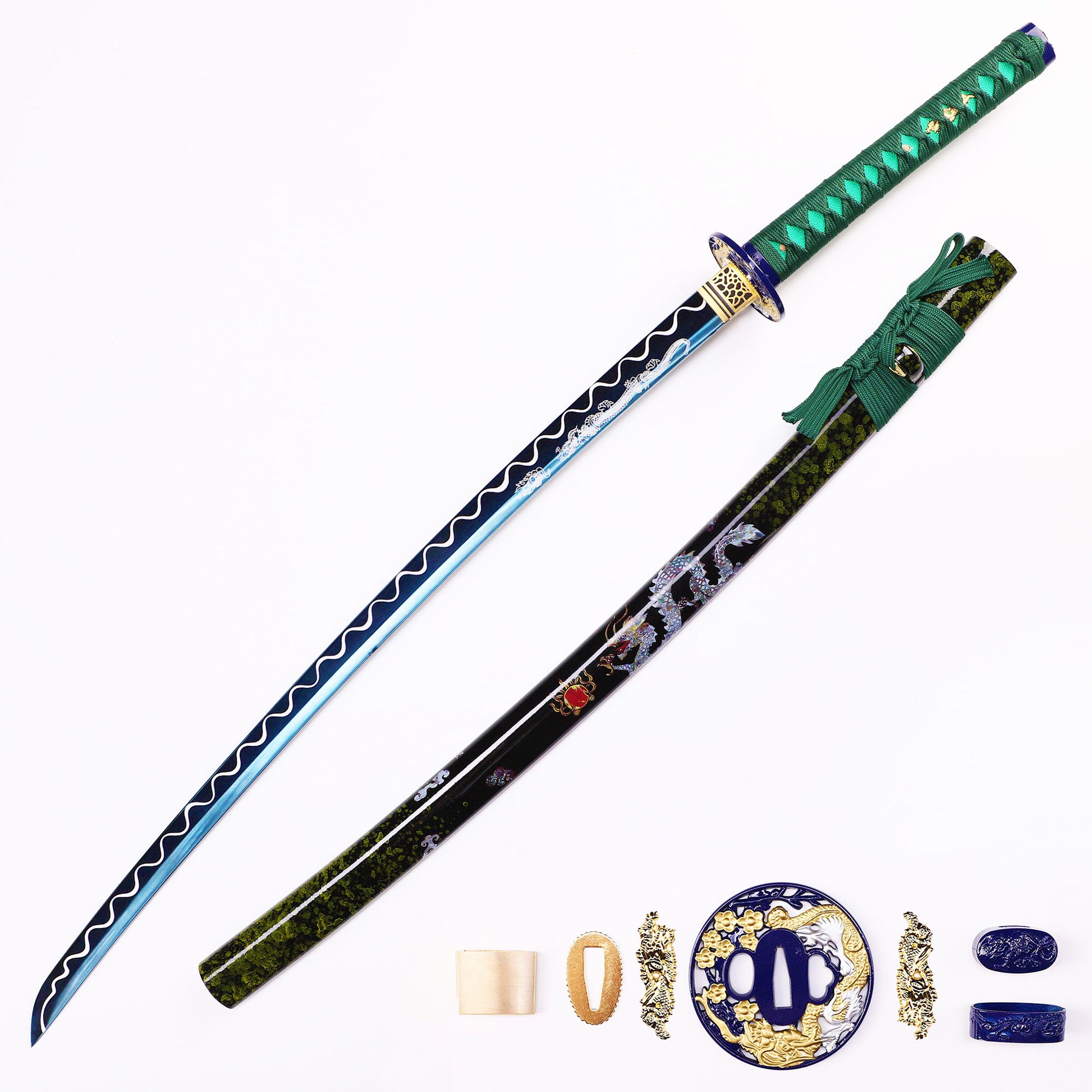 Blue Green Dragon Japanese samurai sword katana full length view - teal blade