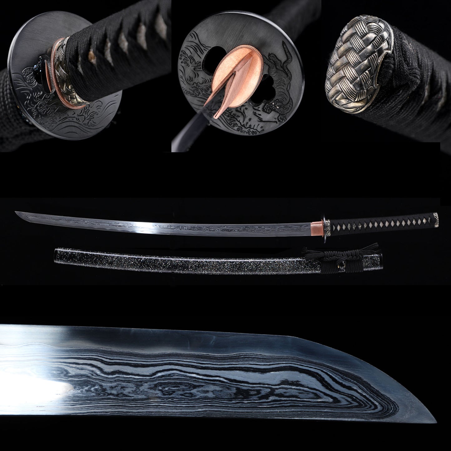 Meteorite Steel Sanmai Clay Tempered Katana, Starry Shell Inlay Saya