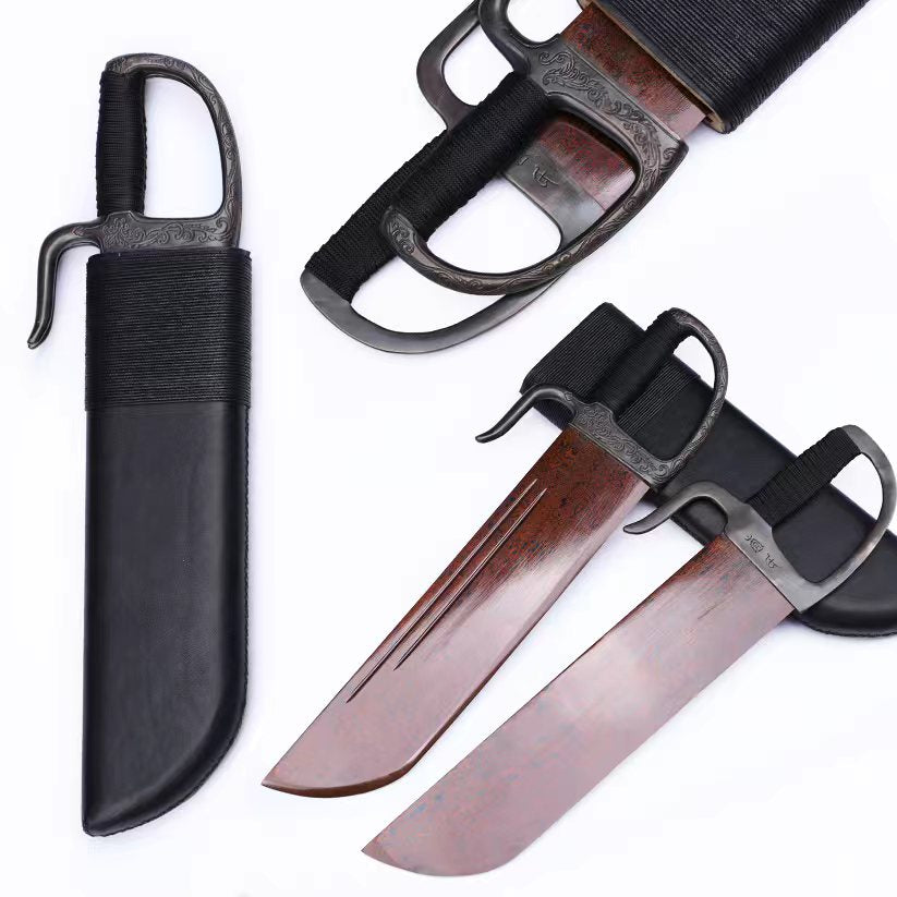 Vintage engraved brass guard leather wrapped wood saya twin knives full set view